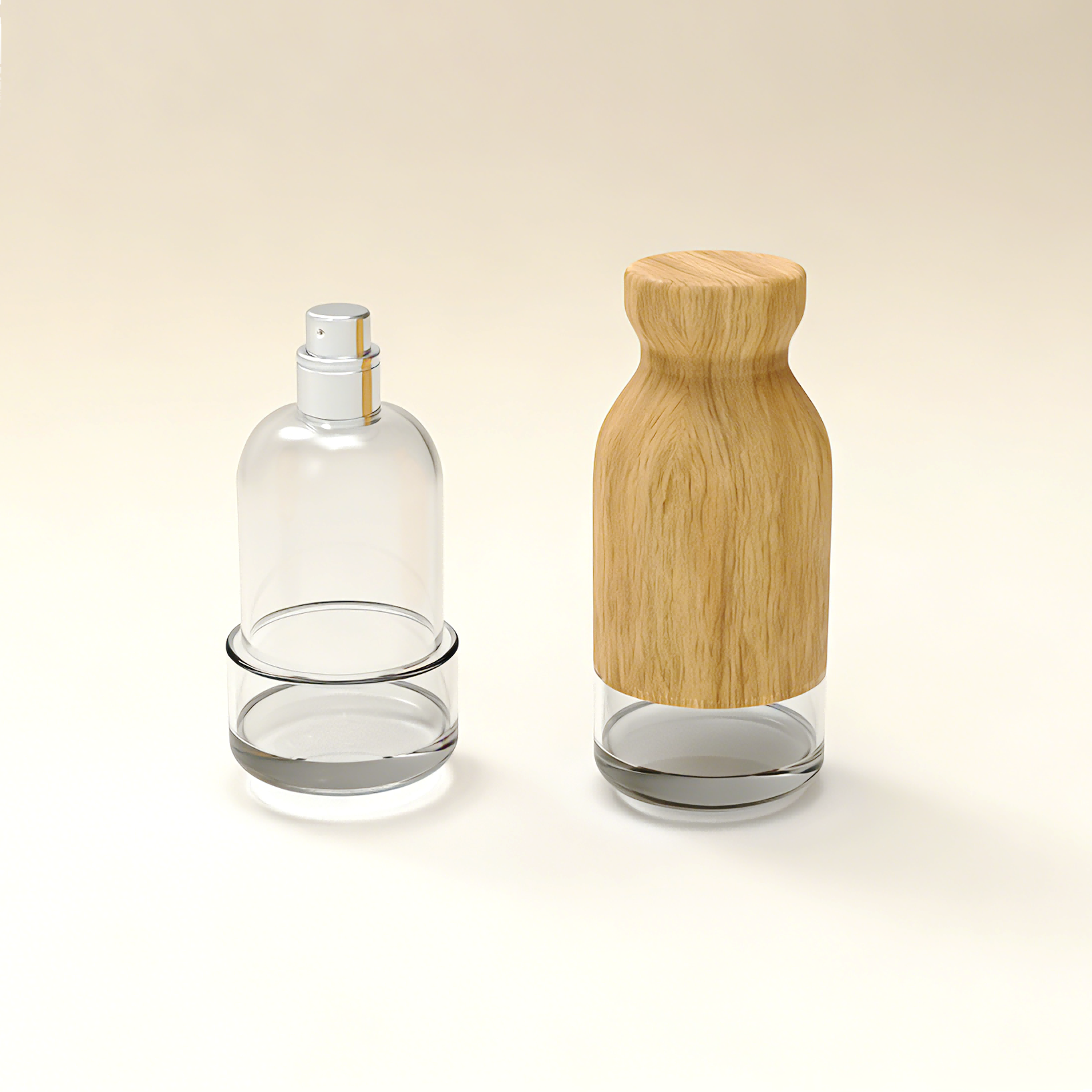 Two-section transparent cylindrical spray bottle with detachable hourglass shaped natural wood protective sleeve, empty refillable fine mist cosmetic container